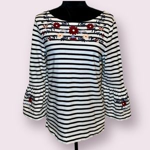 J. Crew Striped Top Floral Embroidery 3/4 Trumpet Sleeve Black White Medium
